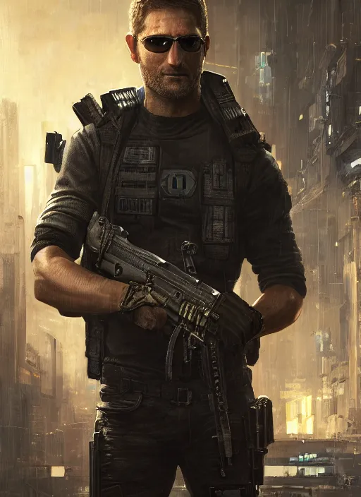 Prompt: sam fisher. cyberpunk mercenary in a military vest ( blade runner 2 0 4 9, cyberpunk 2 0 7 7 ). orientalist portrait by john william waterhouse and james gurney and theodore ralli and nasreddine dinet, oil on canvas. cinematic, hyper realism, realistic proportions, dramatic lighting, high detail 4 k