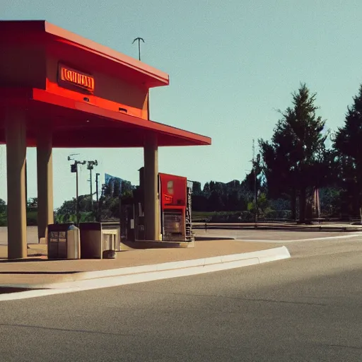 Image similar to cinematic still screenshot of the port byron travel plaza, shot by saul leiter, camera height 7 feet, moody cinematography, 2 4 mm anamorphic lens