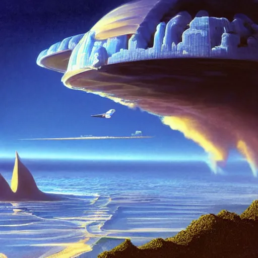 Image similar to beautiful matte painting of golden shores of a blue dreamy ocean, heavenly island in the clouds floating above the ocean, spaceship flying by, towering mountains emerging from the ocean, entrance to a city, sci - fi, daylight, blue sky, cinematic lighting, cinematic perspective, syd mead, john harris, federico pelat