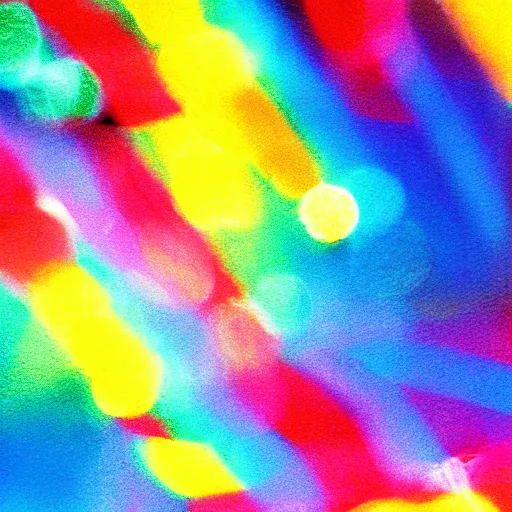 Prompt: of blurred rainbow on J B5 Chirashi photograph, 35mm, film grain