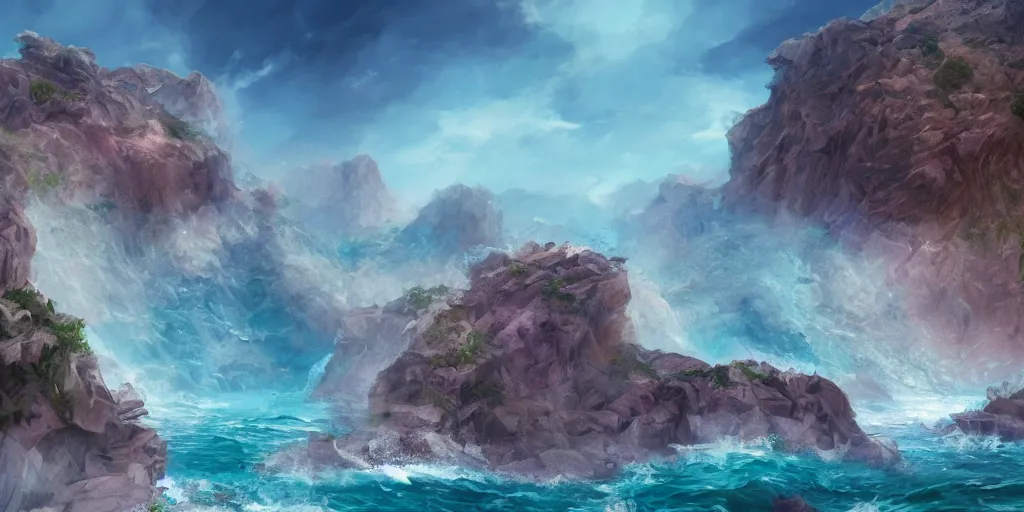 Prompt: sheer rugged crystal rose coloured quartz cliff, viewed from the ocean, illustration, bright sunlight, sun glints, sunrays, digital art, hyperrealistic, oil painting, fantasy, 8 k, trending on artstation, detailed