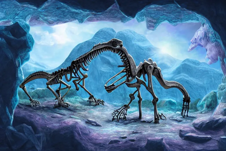 Image similar to dinosaur skeleton in a crystal geode ((in a crystal geode))(((in a crystal geode))), matte-painting