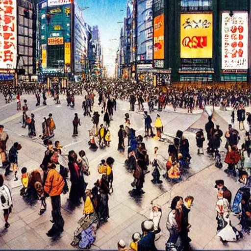 Image similar to Tokyo's Shibuya Crossing painted by Norman Rockwell