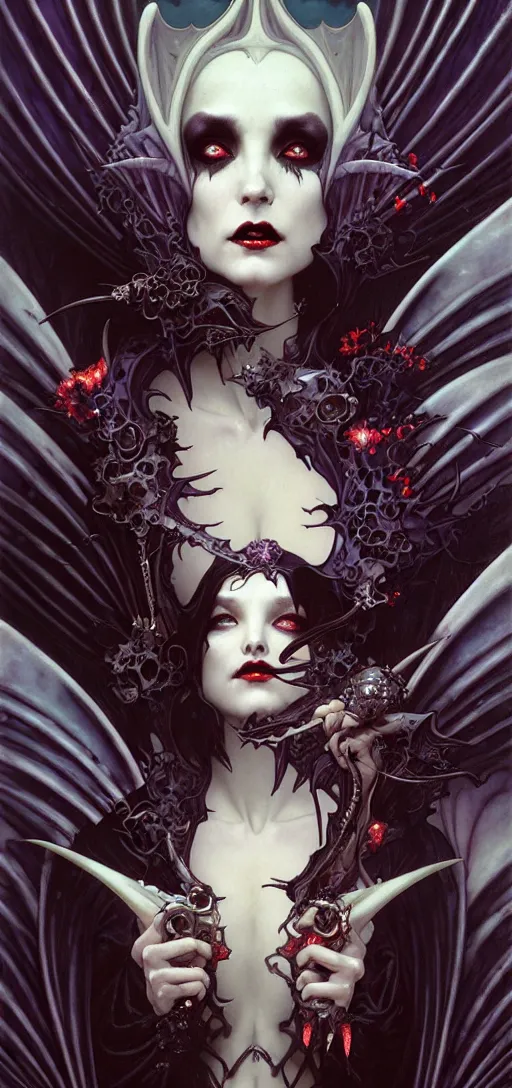 Prompt: close up painting a beautiful vampire queen in gothic robes with bat wings, by nekro, peter mohrbacher, alphonse mucha, brian froud, yoshitaka amano, kim keever, victo ngai, james jean