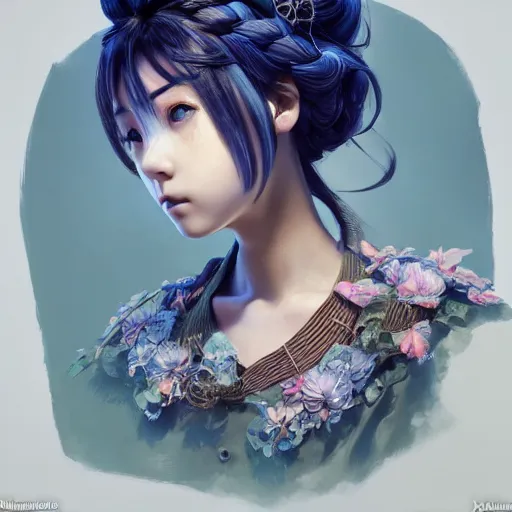 Image similar to the portrait of a blueberry that resembles an absurdly beautiful, graceful, elegant, sophisticated anime japanese girl, an ultrafine hyperdetailed illustration by kim jung gi, irakli nadar, intricate linework, bright colors, octopath traveler, final fantasy, unreal engine 5 highly rendered, global illumination, radiant light, detailed and intricate environment