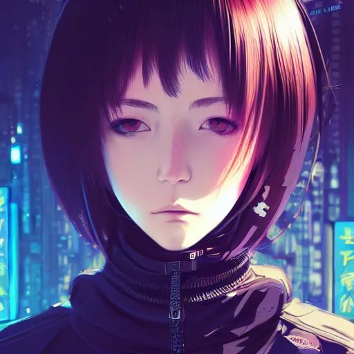 Image similar to by kyoto animation, cool girl wearing cyberpunk intricate streetwear, beautiful, detailed symmetrical close up portrait, intricate complexity, in the style of artgerm and ilya kuvshinov, cell shaded, 4 k, concept art, by wlop, krenz cushart, greg rutkowski, pixiv. cinematic dramatic atmosphere, cinematic lighting, studio quality