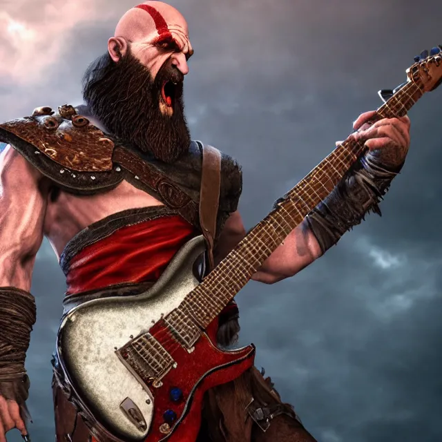 Prompt: screaming kratos rocking out on a stratocaster guitar, cinematic render, god of war 2 0 1 8, playstation studios official media, short trimmed beard, lightning