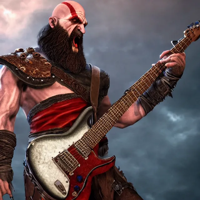 prompthunt: kratos shredding on a flaming stratocaster guitar