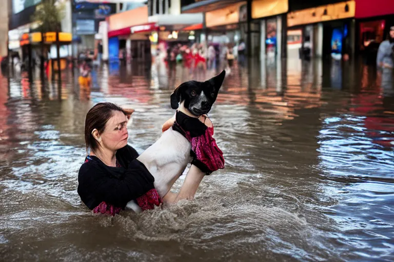 Image similar to closeup portrait of a woman carrying a dog over her head in a flood in Rundle Mall in Adelaide in South Australia, photograph, natural light, sharp, detailed face, magazine, press, photo, Steve McCurry, David Lazar, Canon, Nikon, focus