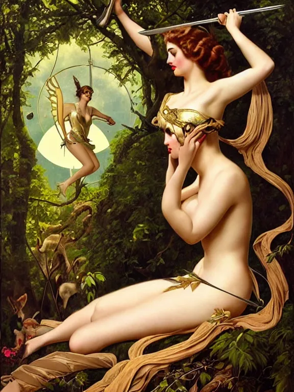 Image similar to Ana de armas as Artemis the Greek goddess of the hunt, a beautiful art nouveau portrait by Gil elvgren, Moonlit forest environment, centered composition, defined features, golden ratio, silver jewelry, sheer