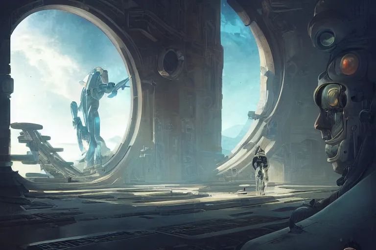 Prompt: a futuristic male astronaut looking at ancient renaissance athens through a time travel spaceship window, scifi, by wlop, peter mohrbacher, jakub rebelka, visually stunning, beautiful, masterpiece