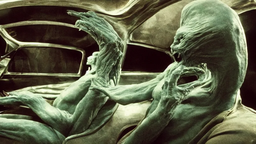 Image similar to the creature sits in a car, made of wax and metal, film still from the movie directed by Denis Villeneuve and David Cronenberg with art direction by Salvador Dalí, wide lens