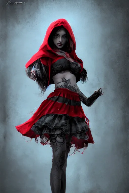 Image similar to Beautiful female, full body, little red riding hood, punk rock, piercings, tattoos, skirt, midriff, dramatic lighting, cinematic, establishing shot, extremely high detail, foto realistic, cinematic lighting, post processed, concept art, high details, cinematic, 8k resolution, beautiful detailed, photorealistic, digital painting, artstation, concept art, smooth, sharp focus, artstation trending, octane render, unreal engine