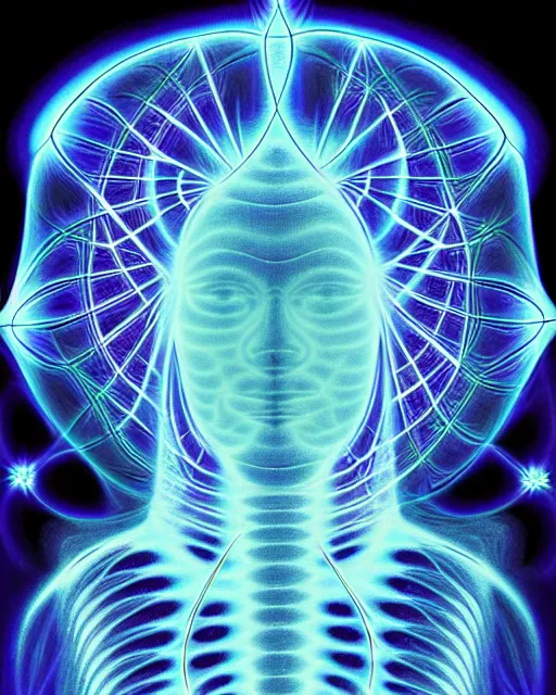 Image similar to alex grey style fractal pattern xray portrait of a glowing alien with space behind them. convergence of a higher mind