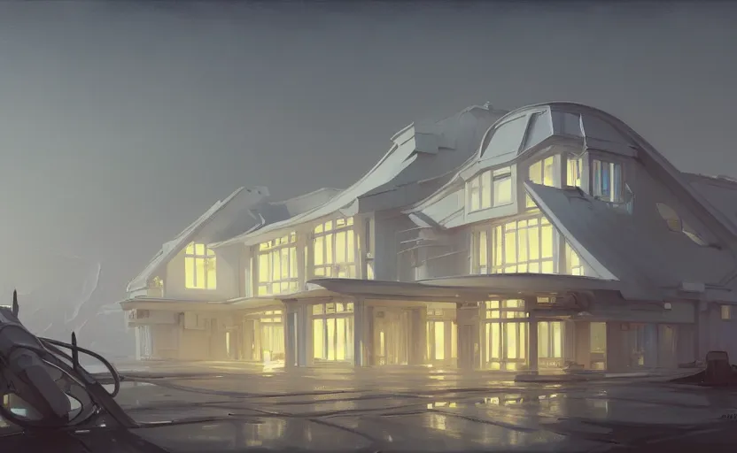 Prompt: painting of a wide angle exterior shot of a white modern architecture with cinematic lighting by richard rogers, darek zabrocki and greg ruthkowski, alphonse mucha, simon stalenhag and cinematic and blue cold atmospheric, archillect concept art, artstation, trending on artstation