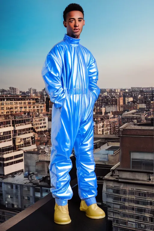 Image similar to un ultra high definition studio quality photographic art portrait of a young man standing on the rooftop of a british apartment building wearing soft baggy inflatable padded iridescent pearlescent jumpsuit. three point light. extremely detailed. golden ratio, ray tracing, volumetric light, shallow depth of field. set dressed.