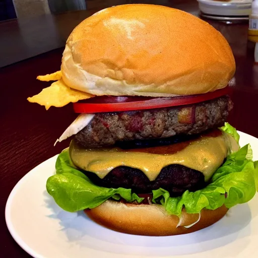 Image similar to patriot burger, a burger filled with lettuce, patty, ketchup, fried american flag, pickle, mayonnaise