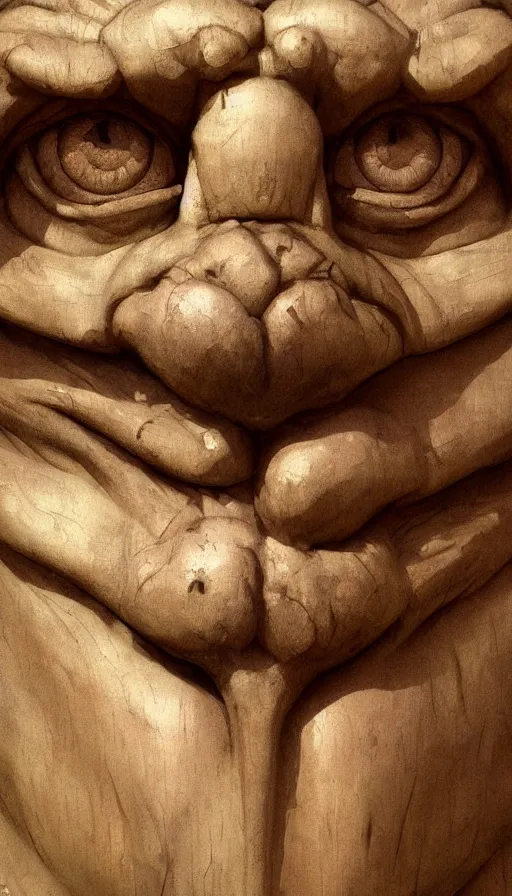 Image similar to wooden gargoyle face looking in the camera, paint texture, digital painting, highly detailed, artstation, sharp focus, sunlit, painted by ruan jia, raymond swanland, lawrence alma tadema, zdzislaw beksinski, norman rockwell, jack kirby, tom lovell, alex malveda, greg staples