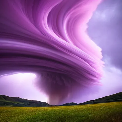 Image similar to amazing photo of purple clouds in the shape of a tornado by marc adamus, digital art, beautiful dramatic lighting