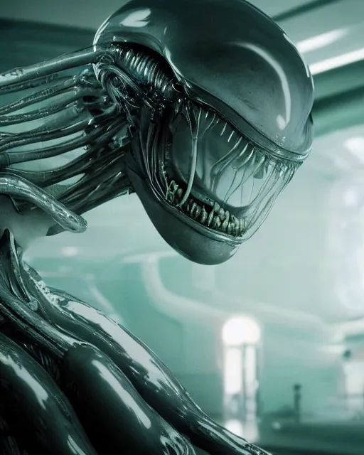 Prompt: film still of alien looking around a spaceship, slathered in a transparent alien liquid. wet flowing hair, goo, illustration, unreal engine 5, 8 k, directed by h. r. giger.