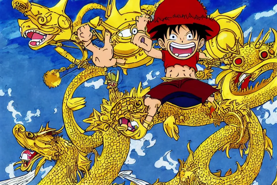 Image similar to concept sketches of luffy wearing a gold crown riding a large dragon by jamie hewlett, in the style of megaman, micro detail