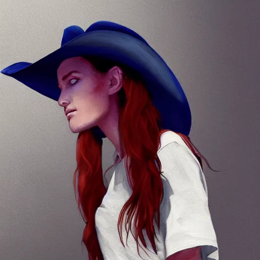 Prompt: an portrait of an beautiful woman wearing white t shirt and a blue vest and a cowboy hat, goddess, dirty clothes, flowing red hair, digital painting, artstation, concept art, soft light, hdri, smooth, sharp focus, illustration, fantasy, intricate, elegant, highly detailed, D&D, matte painting, in the style of Greg Rutkowski and Alphonse Mucha and artemisia, 8k, highly detailed, jurgens, rutkowski, bouguereau, pastoral, rustic, georgic, detailed concept art, illustration, colorful pastel, painting, detail, ultra detailed, digital art, 4K, unreal engine 5, 16k resolution,
