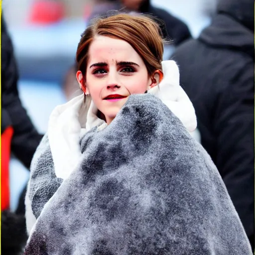 Prompt: emma watson reaching for blanket in cold siberian winter