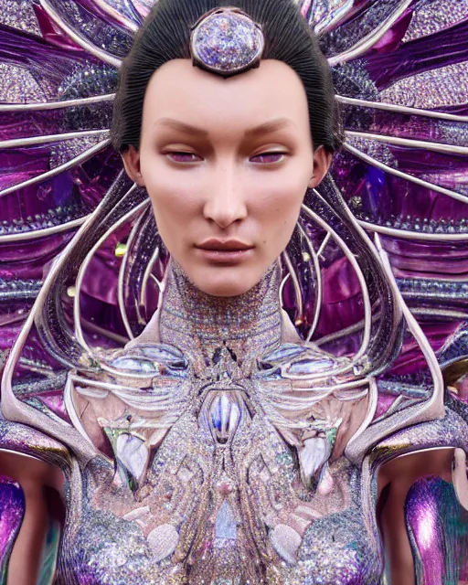 Image similar to a highly detailed metahuman 4 k close up render of an alien goddess bella hadid monument crying in iris van herpen dress schiaparelli in diamonds crystals swarovski and jewelry iridescent in style of alphonse mucha gustav klimt trending on artstation made in unreal engine 4