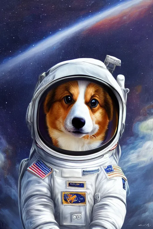 Prompt: corgi puppy as an astronaut, oil on canvas, intricate, portrait, 8 k highly professionally detailed, hdr, cgsociety