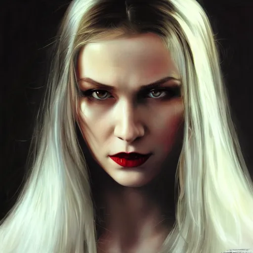 Prompt: close up face of a extremely beautiful bond female VAMPIRE portrait, oil on canvas, artgerm, norman rockwell, craig mulins, trending on pxiv,