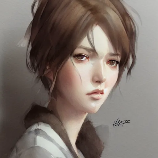 Prompt: short brown haired girl, grey eyes, artstation, watercolor, highly detailed, portrait, by krenz cushart