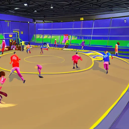 Image similar to a dodgeball arena, video game concept art