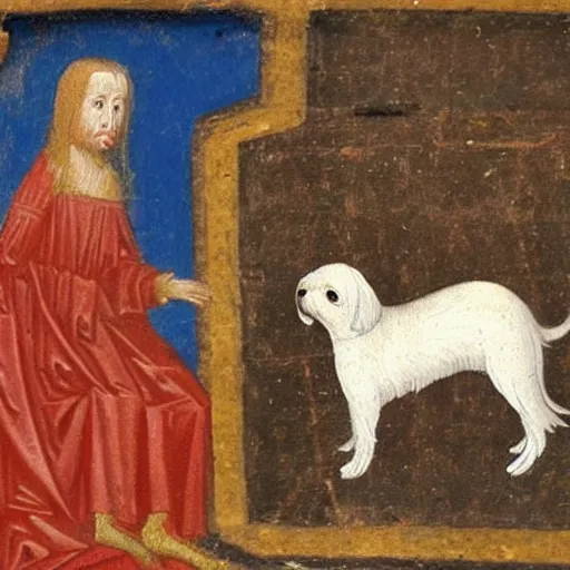 Prompt: medieval painting of a maltese dog as a lord