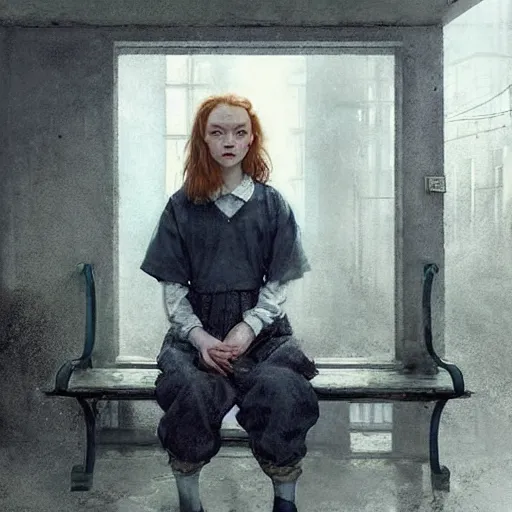 Image similar to sadie sink in oversized school uniform. waits on a bench | a bench along a wall. next to a door. in an office building. concept art for scifi dystopian film. by nikolay makovsky, bob byerley, wadim kashin, andrea kowch. cinematic moody atmosphere, detailed and intricate, perfect anatomy