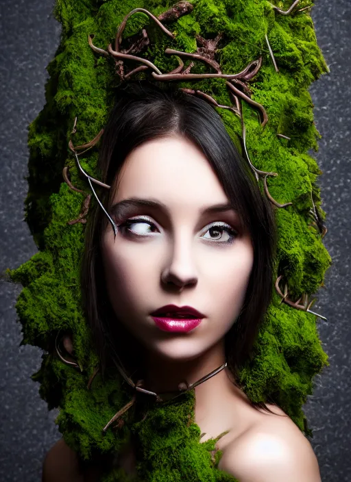 Image similar to a photo of a female model, orgnic headpiece, vines, horn, moss, fashion photography, realistic, hyperdetails, dark grey backdrop studio