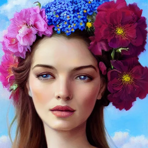 Image similar to a portrait of a romantic woman with flowers grow out of hair, roses peonies forget-me-nots dahlias lupins gladioli, sky theme in background, by Alexandr Averin, Digital Art, Trending on artstation