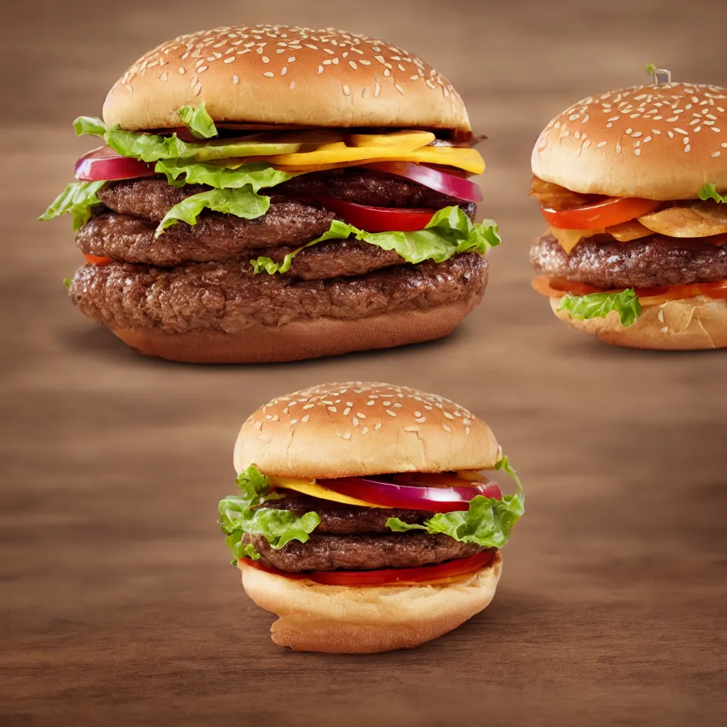 Prompt: close up view of a hamburger on top of a wooden table, 8k, photorealistic, proper shading