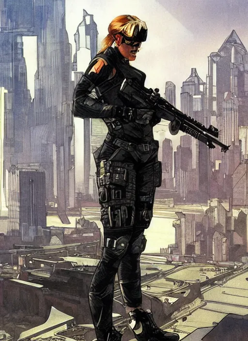 Image similar to Dinah. USN special forces operator looking at city skyline. Futuristic stealth suit. mgs and rb6s Concept art by James Gurney, Alphonso Mucha, matt rhodes.