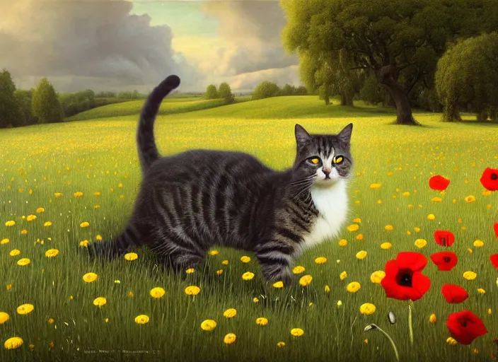 Image similar to the cat in the meadow from flowers : dandelions, poppy, tulip, chamomile, hyperrealism, no blur, 4 k resolution, ultra detailed, style of ivan shishkin, tyler edlin, tom bagshaw, arthur rackham,