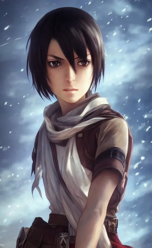 Image similar to mikasa ackerman, hero pose, medium shot, bokeh, beautiful face!!!!, 2 7 years old, cg animation, lifelike, animated, realistic, character select portrait, by artgerm, greg rutkowski, alphonse mucha, 3 d