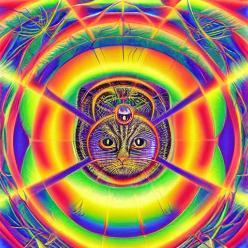 Image similar to Alex Grey Cat, Godself, Net of Being, geometric, psychedelic, acid