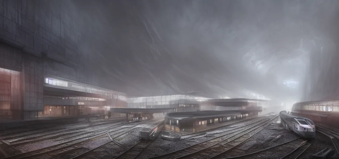 Image similar to dramatic view of brutalist train station, colored fog, haze, unreal engine, dramatic lighting, detailed, ambient occlusion, global illumination, god rays, 3 d artstation render by greg rutowski and jessica rossier