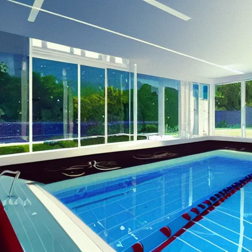 Prompt: olympic swimming pool with bay window, artstation, architecture