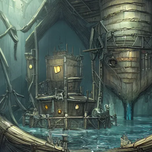 Image similar to drowned bandit lair, sewers, victorian, warehouse, fantasy art, artstation