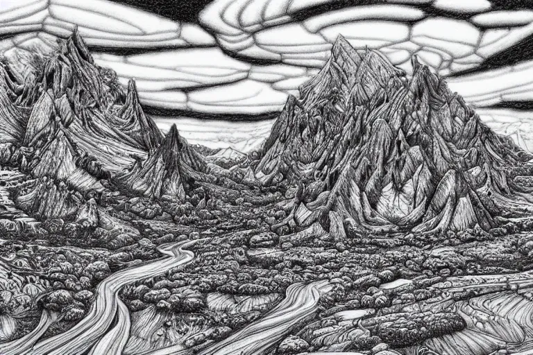 Image similar to insanely detailed landscape, ballpoint pen art