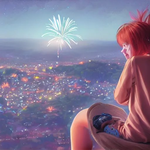 Image similar to girl watching watching fireworks on a hill, digital art, by ben weiner, richard estes, range murata, akiyuki shinbou, yoshitaka amano, wlop, highly detailed, realistic, cinematic, bold colours, dark sky, photorealism, 4 k, wide angle lens, trending on artstation, artgerm