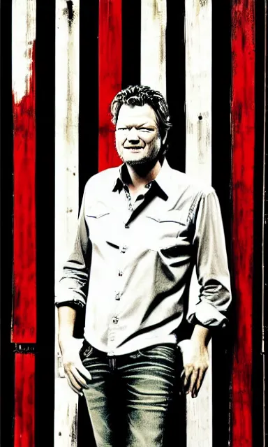 Image similar to portrait of blake shelton standing against barn wall by shepard fairey