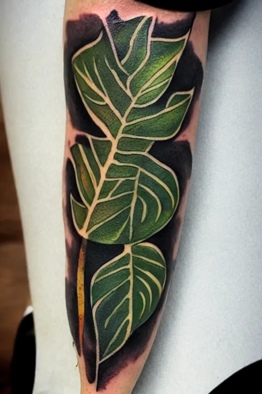 Prompt: tattoo of a monsters deliciosa leaf and a alocasia zebrina leaf