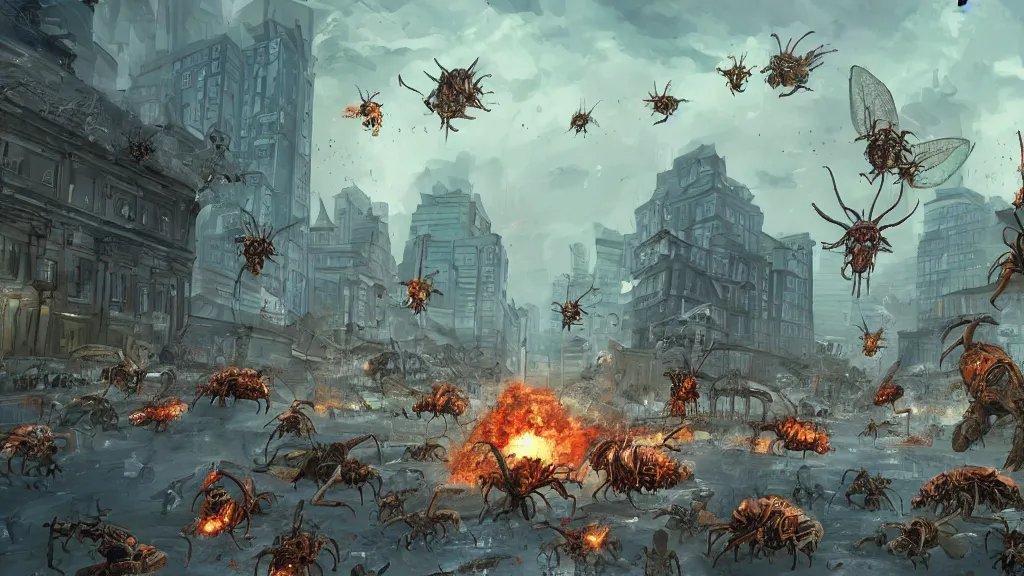 Image similar to concept art of giant bugs destroying a city