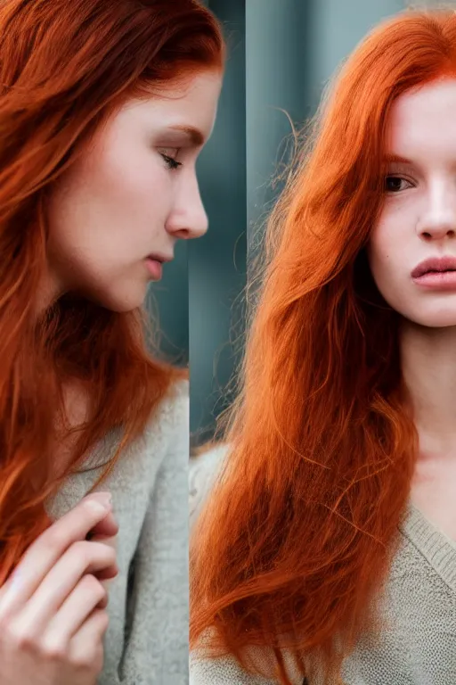 Image similar to olive skinned redhead female model in her twenties, wearing a v - neck sweater, looking content, focused on her neck, photo realistic, extreme detail skin, natural beauty, no filter, slr, golden hour, 4 k, high definition, selfie